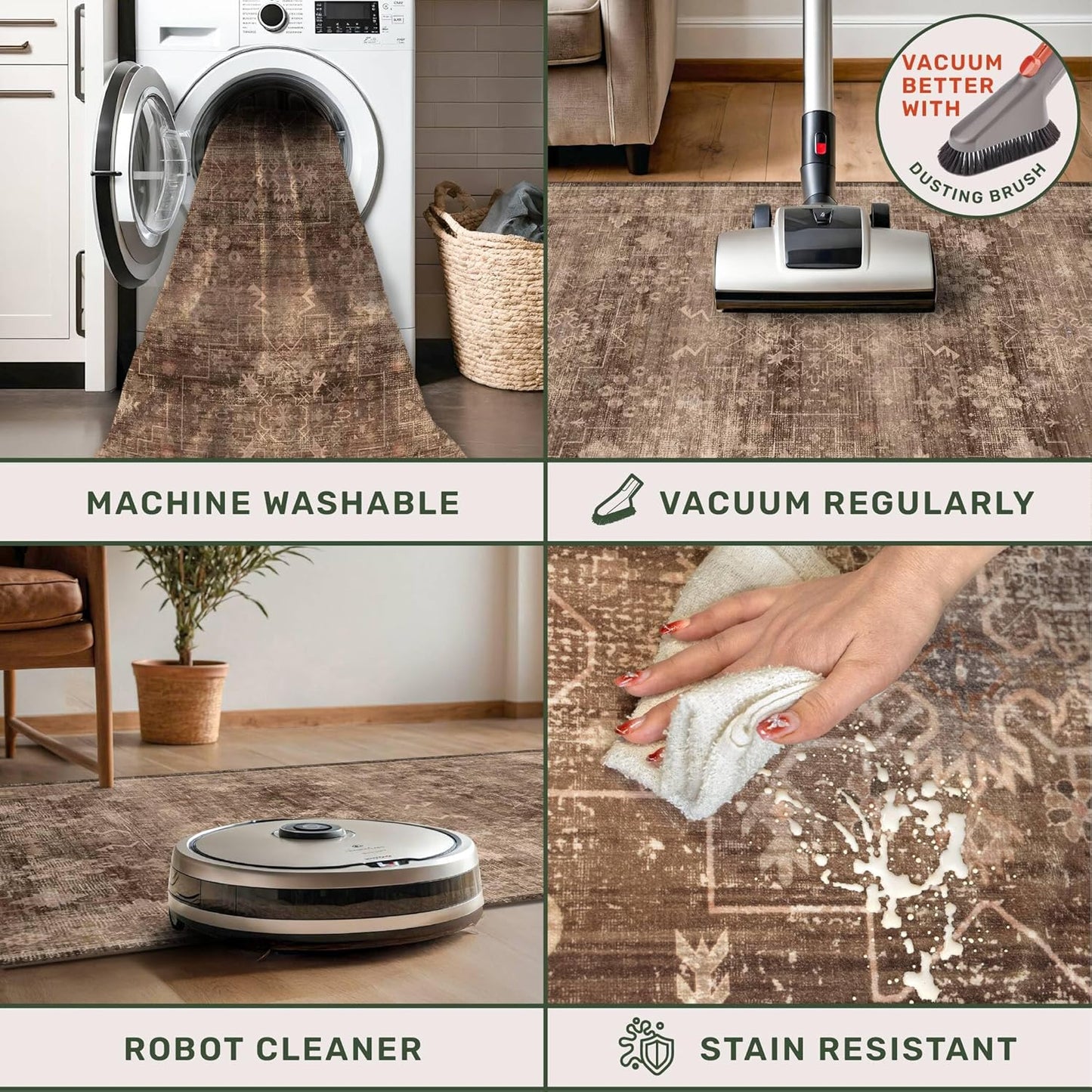 Skiennix Washable 10ft Hallway Runner Rug - Non-Slip Rubber Backing | Boho Vintage Brown 2'6"x10'