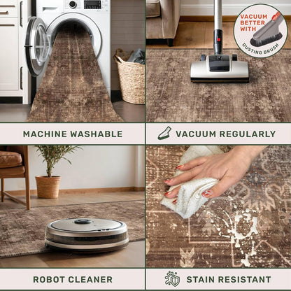 Skiennix Washable 10ft Hallway Runner Rug - Non-Slip Rubber Backing | Boho Vintage Brown 2'6"x10'
