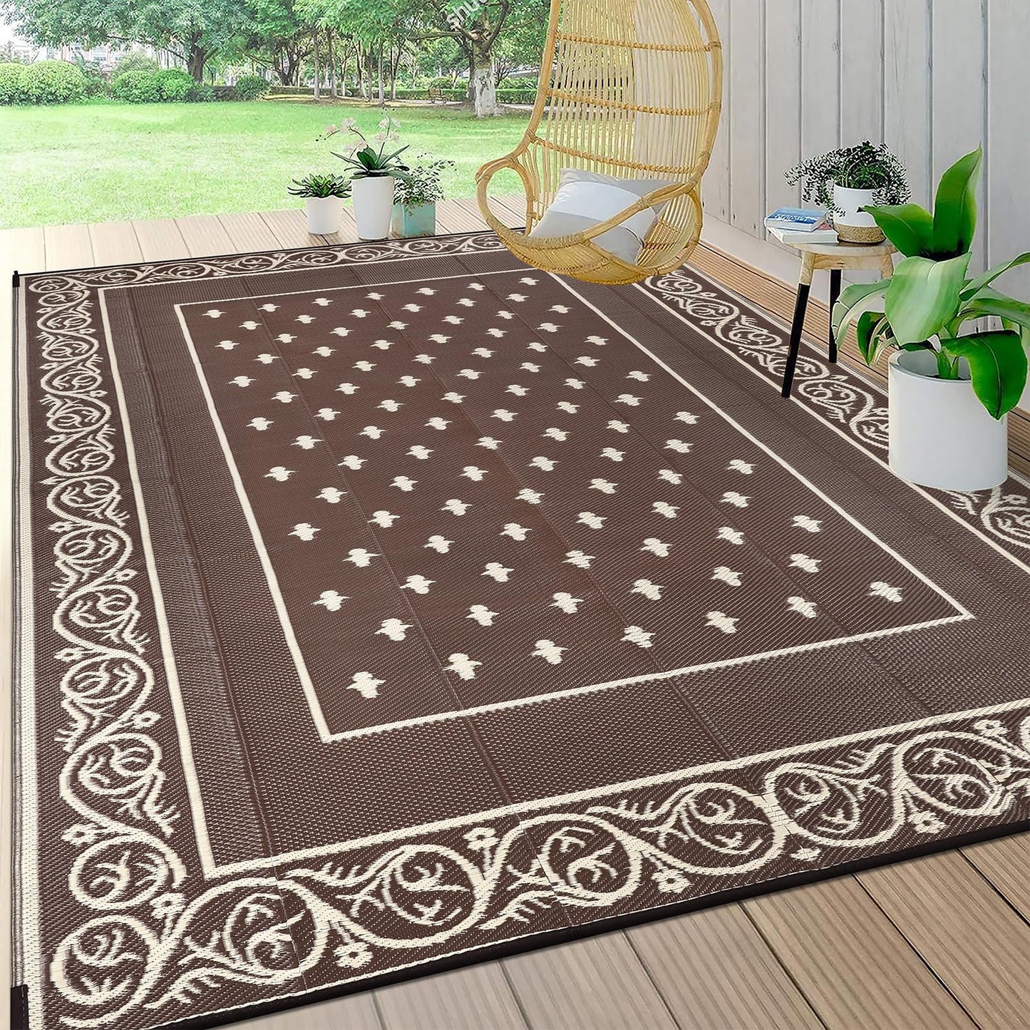 Pauwer Waterproof Outdoor Rug 10x14, Reversible Plastic Straw Patio Camping Rug, Indoor Outdoor RV Mat Carpet for Deck, Camper, Porch, Balcony, Backyard, Picnic, Bordered Brown