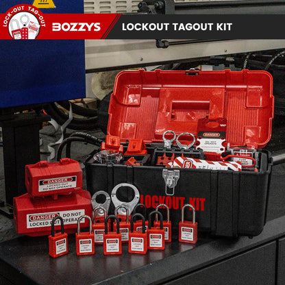 BOZZYS Portable Lockout Tagout Kit - 39 Pack OSHA Compliant | Red Loto Locks to Prevent Accidental Startup | for Industrial Electrical Plug & Breakers Lock Out Tag Out