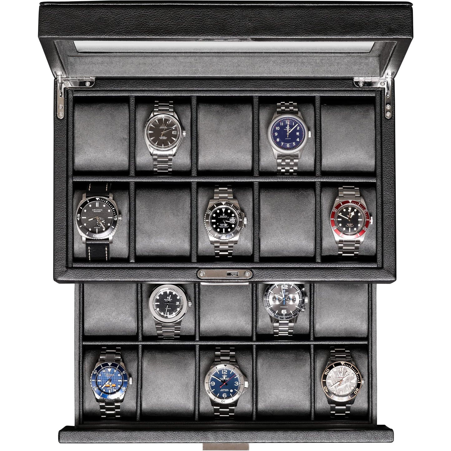ROTHWELL 20 Slot Leather Watch box - Luxury Case Display Jewelry Organizer, - Locking Display Case Holder with Large Real Glass Top - Watch Box Organizer for Men and Women (Black/Grey)