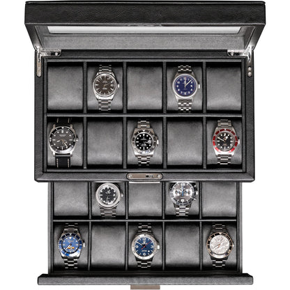 ROTHWELL 20 Slot Leather Watch box - Luxury Case Display Jewelry Organizer, - Locking Display Case Holder with Large Real Glass Top - Watch Box Organizer for Men and Women (Black/Grey)