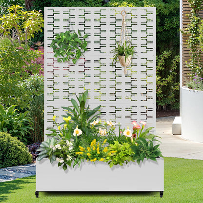 FENCY Metal Raised Garden Bed with Wheels and Trellis,73"x47"x16" Planter Box for Climbing Plants, Vegetables & Vines, Features Privacy Screen and Drainage Holes (White-Brick)