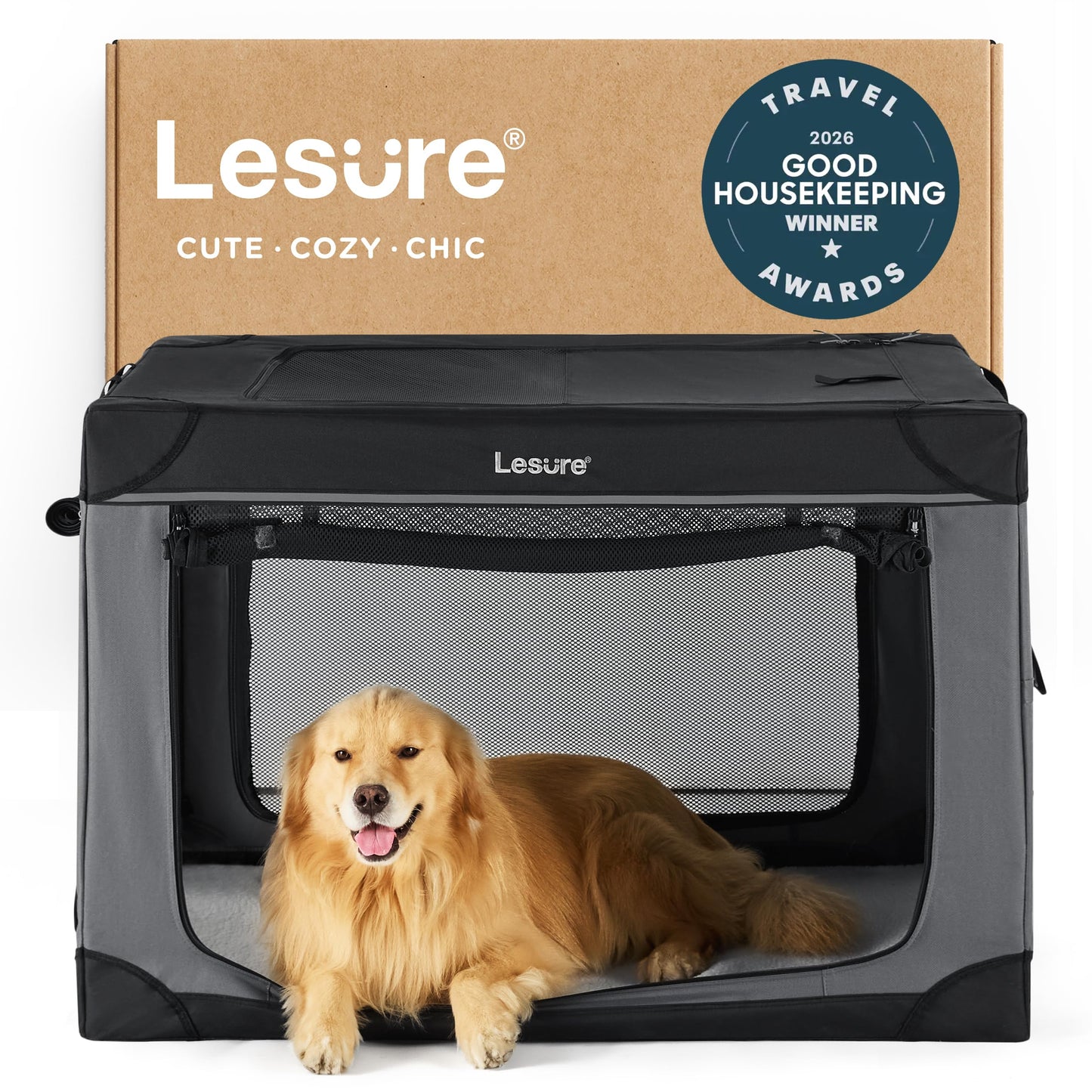 Lesure Shown on TODAY Show Soft Collapsible Dog Crate - 42 Inch Portable Travel Crate for Extra Large Dogs Indoor & Outdoor, 4-Door Foldable Pet Kennel with Mesh Windows, Black
