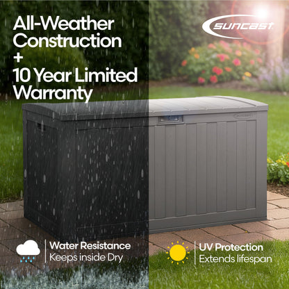 Suncast 134-Gal. Resin Extra-Large Outdoor Patio Deck Box with Pad-Lockable Lid, Modern Outdoor Patio Bench/Storage Box for Cushions, Garden Tools, and More, Dove Gray