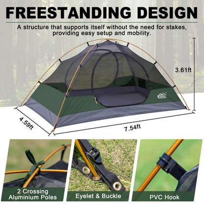 2 Person Backpacking Tent, Waterproof Windproof Two Person Tent, Lightweight Easy Setup 2 Man Tent for Camping, Hiking, Biking, Cycling, Motorbiking, Mountaineering - Green