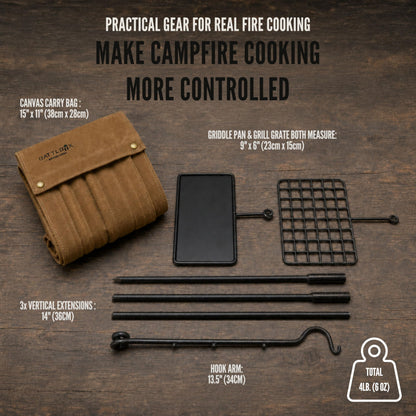 BATTLBOX Bushcraft Grill Set, Steel Campfire Cooking Grate Swivel Grill For Outdoor BBQ Open Fire, Packable Campfire Cook Set, Heavy Duty Open Fire Swivel Camping Cooktop, Canvas Bag