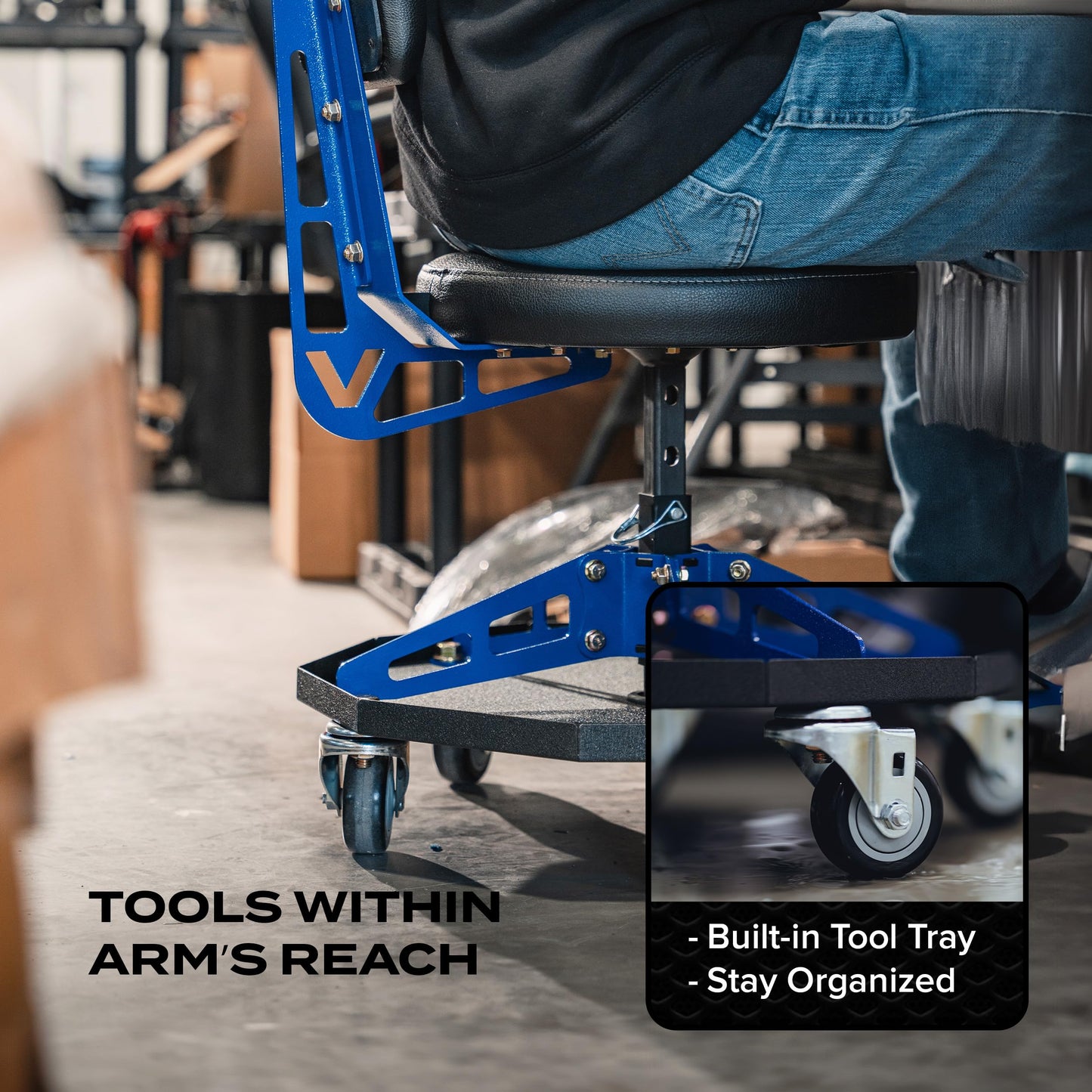 Vyper Robust Steel Sport Shop Chair for Mechanics, Automotive, DIY - 300 lb Capacity Garage Stool with Backrest & Large Wheels (Black Seat, Blue Frame)