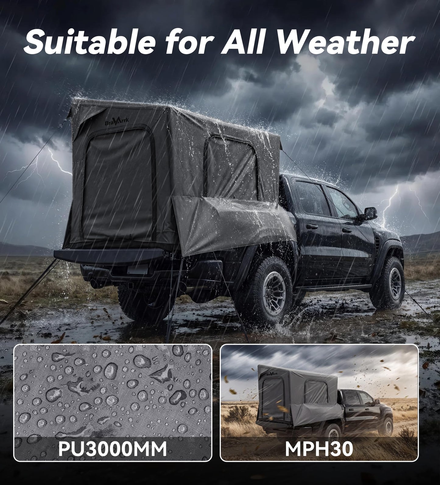 BravArrk Inflatable Truck Bed Tent with Detachable Zippered Awning, Pickup Truck Tent for 5.5ft-8ft Bed, 2 Mins Fast Setup Blow Up Tent for Truck, PU3000 Waterproof Truck Tent for Camping