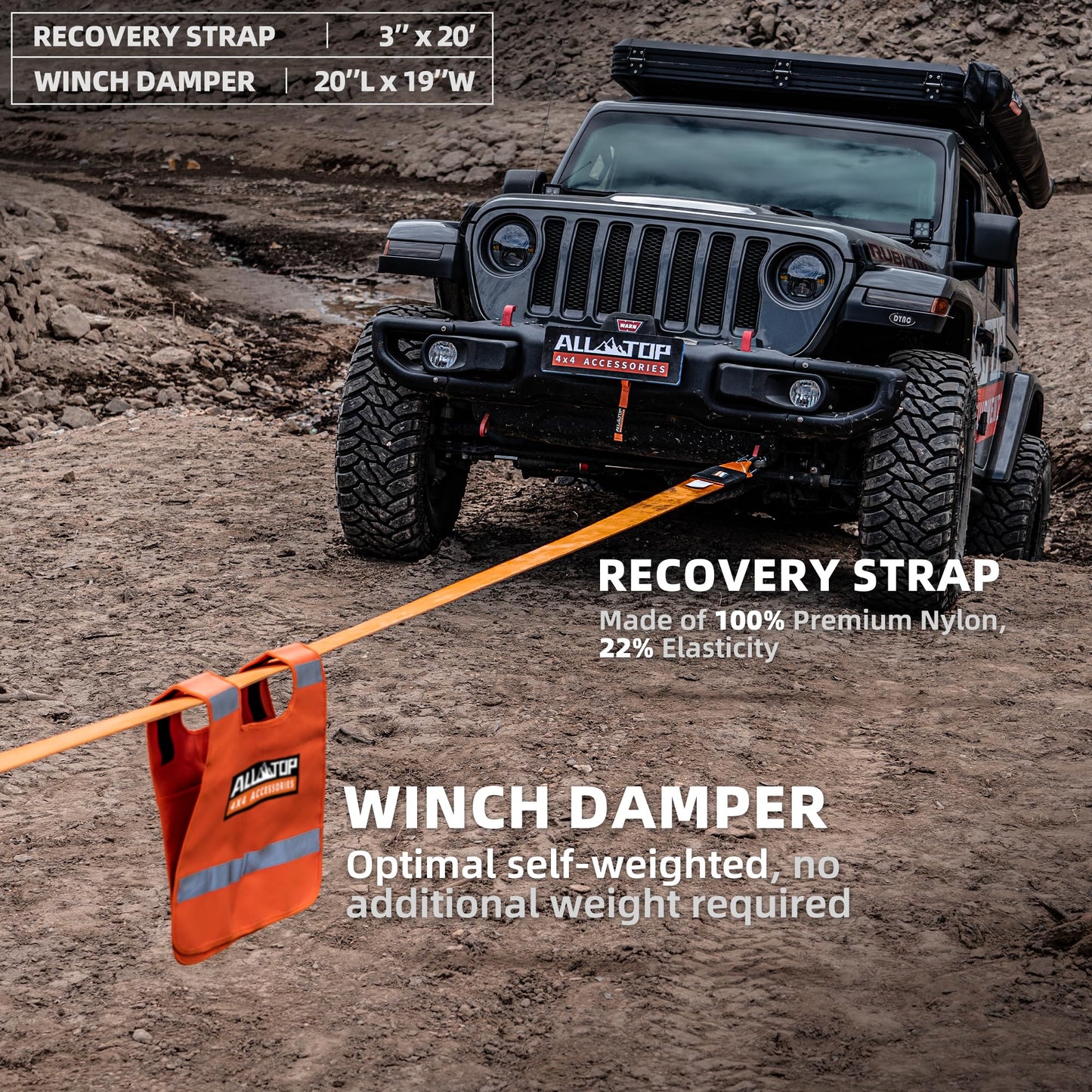 ALL-TOP Recovery Pack Extreme 11in1: Water-Resist Offroad Gear Bag with Recovery Strap Kit(3), Damper, 2 Soft Shackles, SK Hitch Mount, Forged Pulley, Deflator & Gloves