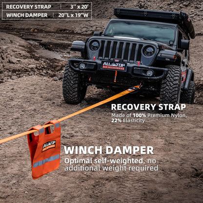 ALL-TOP Recovery Pack Pro 11in1: Water-Resist Offroad Gear Bag with Recovery Strap Kit(3), Damper, 2 Soft Shackles, SS Hitch Mount, Recovery Ring, Deflator & Gloves