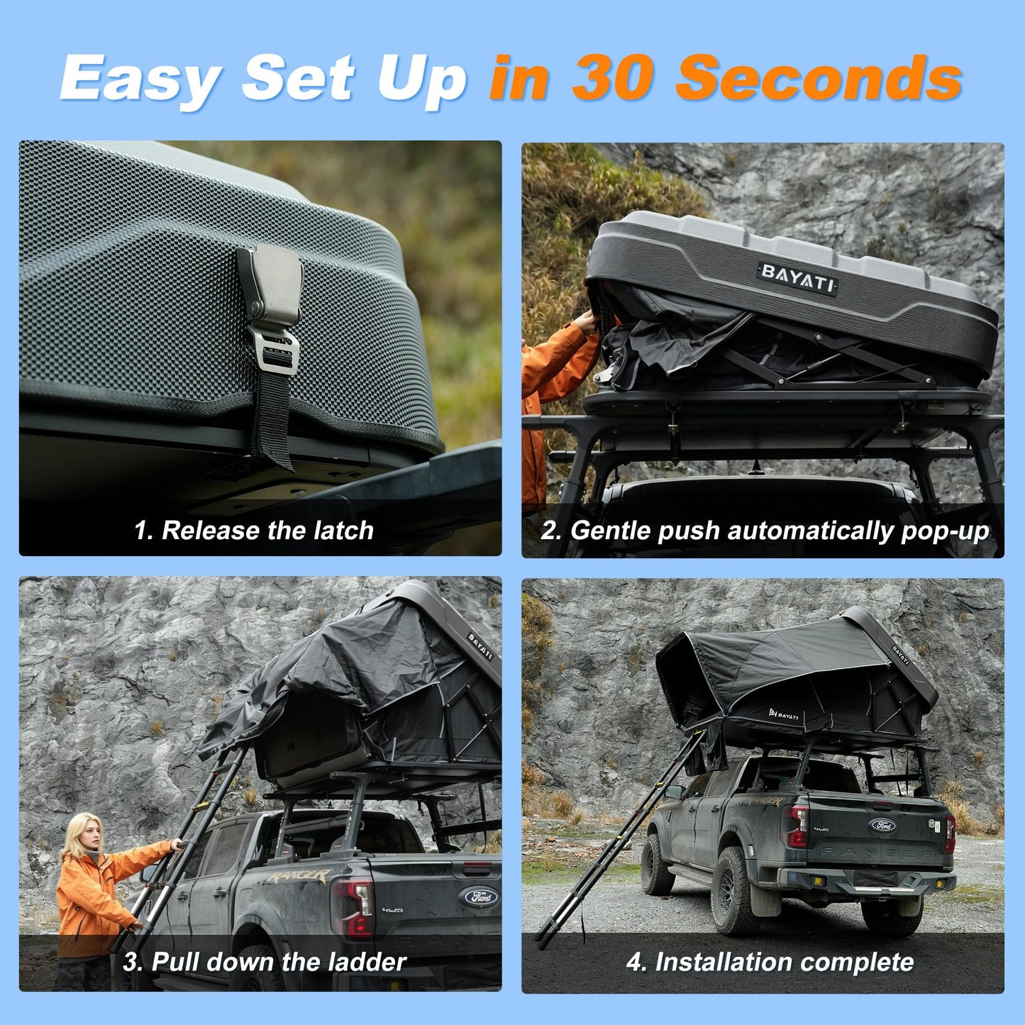 Bayati Rooftop Tent Hard Shell, Easy Set Up Pop Up Large Tent for 2-3 Person & Family Camping, Windproof Waterproof UV-Resistant Blackout Privacy 4 Season Tents for Truck, Jeep, SUV, Van, Trailer