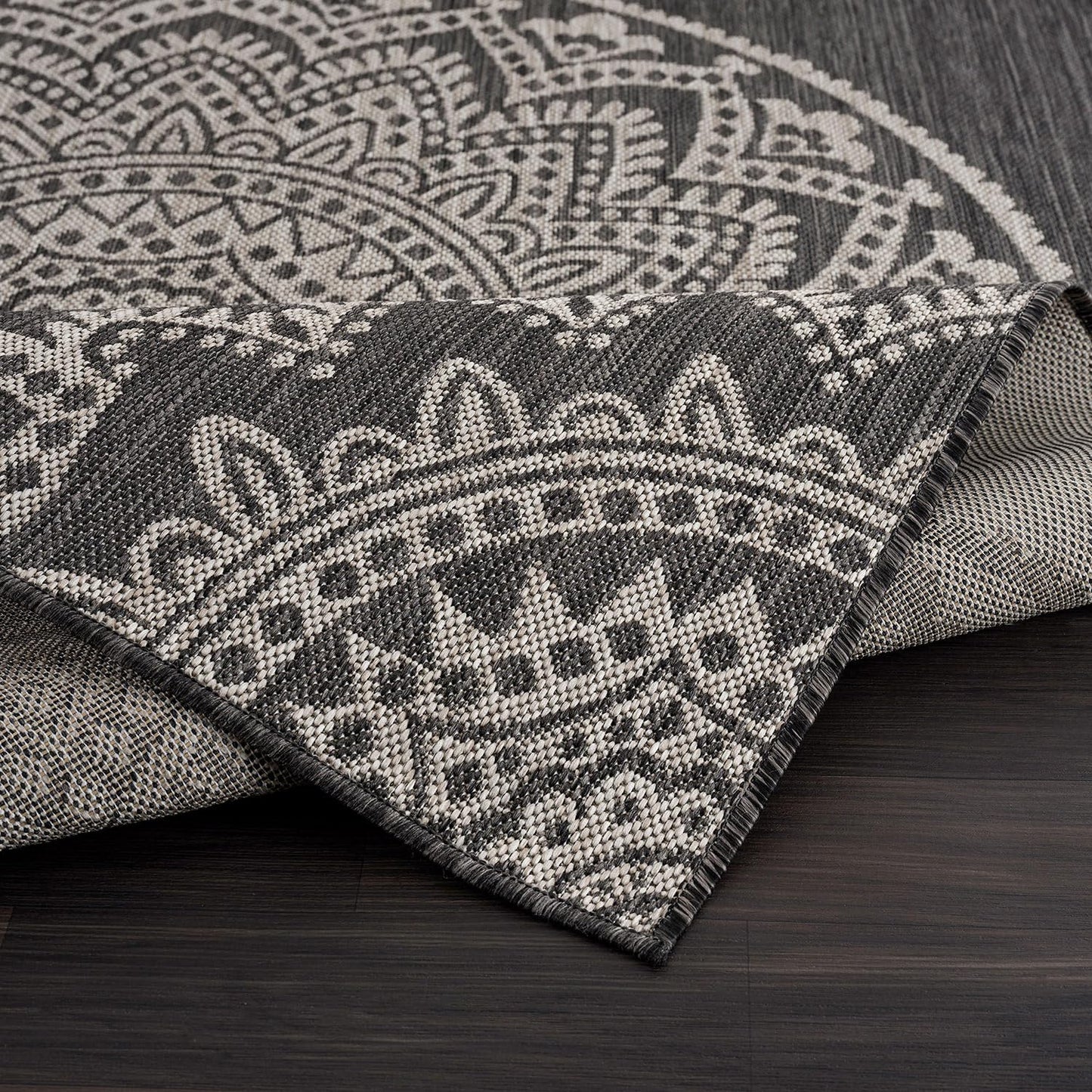 CAMILSON Outdoor Rug 8x10 Modern Area Rugs for Indoor and Outdoor Patios and Porches - Waterproof, Non-Shedding, Easy-to-Clean Outside Carpet (8 x 10, Medallion - Dark Grey/Light Grey)