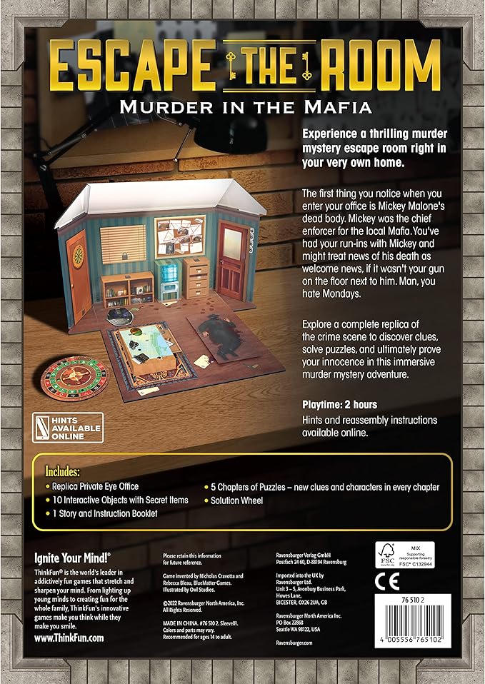 ThinkFun Escape The Room: Murder in The Mafia - Engaging Brain Teaser Game | for Age 13 and Up | Ideal for Teens and Adults | Perfect Addition to Game Nights