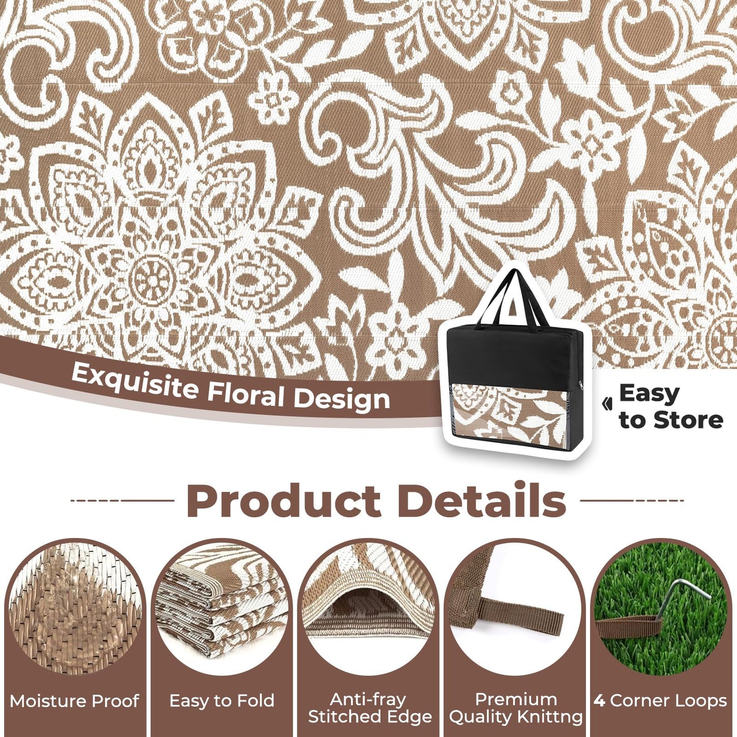 Findosom Waterproof Outdoor Rug 9' x 18' - Reversible Mandala Outdoor Plastic Straw Rug, Durable Foldable Patio Rug for RV, Deck, Balcony, Backyard, Picnic, Porch, Camping, Beach, Brown