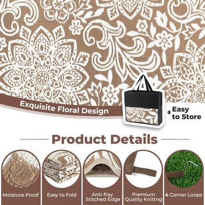 Findosom Waterproof Outdoor Rug 9' x 18' - Reversible Mandala Outdoor Plastic Straw Rug, Durable Foldable Patio Rug for RV, Deck, Balcony, Backyard, Picnic, Porch, Camping, Beach, Brown