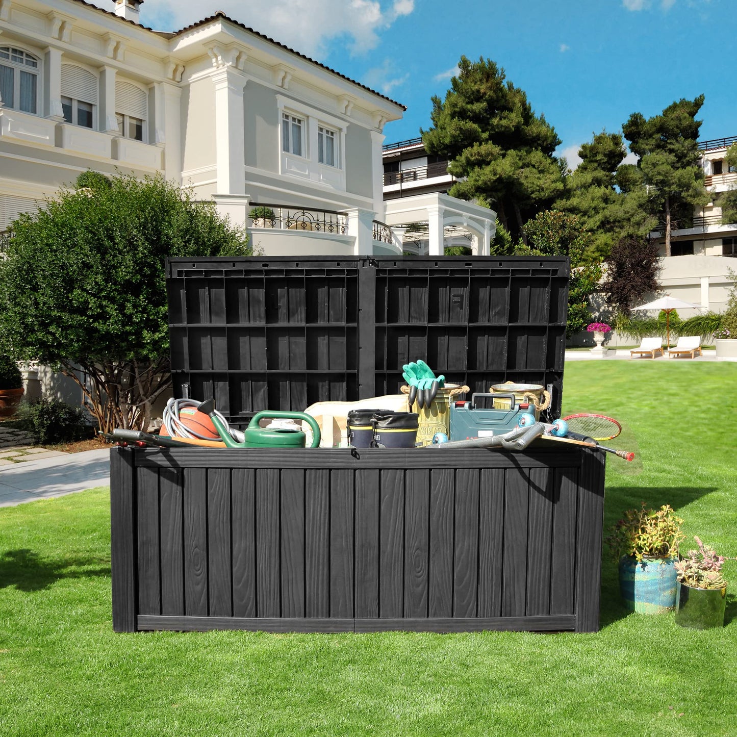 YITAHOME 180 Gallon Large Deck Box w/Divider, XL Waterproof Outdoor Storage for Patio Furniture,Outdoor Cushions, Garden Tools, Sports Equipment and Pool Supplies, Resin, Lockable, Black