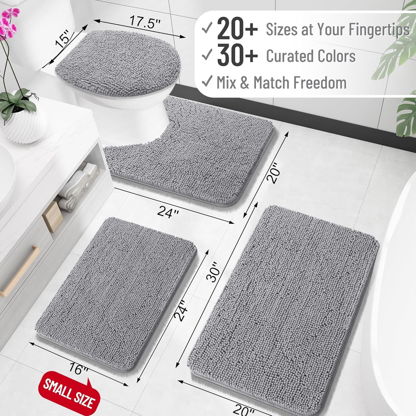 OLANLY Bath Rugs - Extra Soft Chenille with Rubber Backing | Quick Dry, Machine Washable, 24x16, Grey