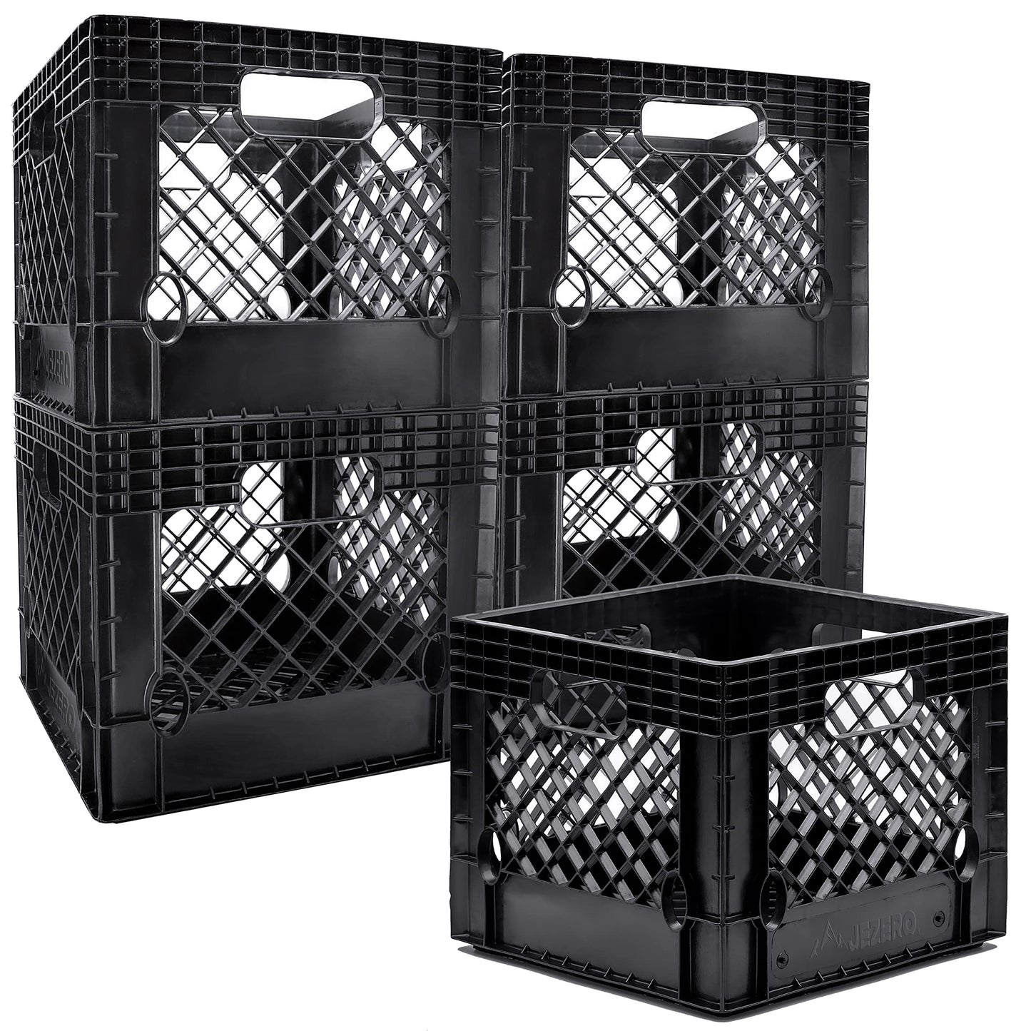 JEZERO 16 Quart 5-Pack Heavy Duty Plastic Crate | Stackable Multi-Purpose Storage Bin for Garage, Home, Office, Groceries, Outdoor, Camping & Kayaking | Black Utility Tote, 13" x 13" x 11"