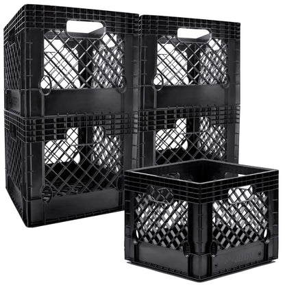 JEZERO 16 Quart 5-Pack Heavy Duty Plastic Crate | Stackable Multi-Purpose Storage Bin for Garage, Home, Office, Groceries, Outdoor, Camping & Kayaking | Black Utility Tote, 13" x 13" x 11"