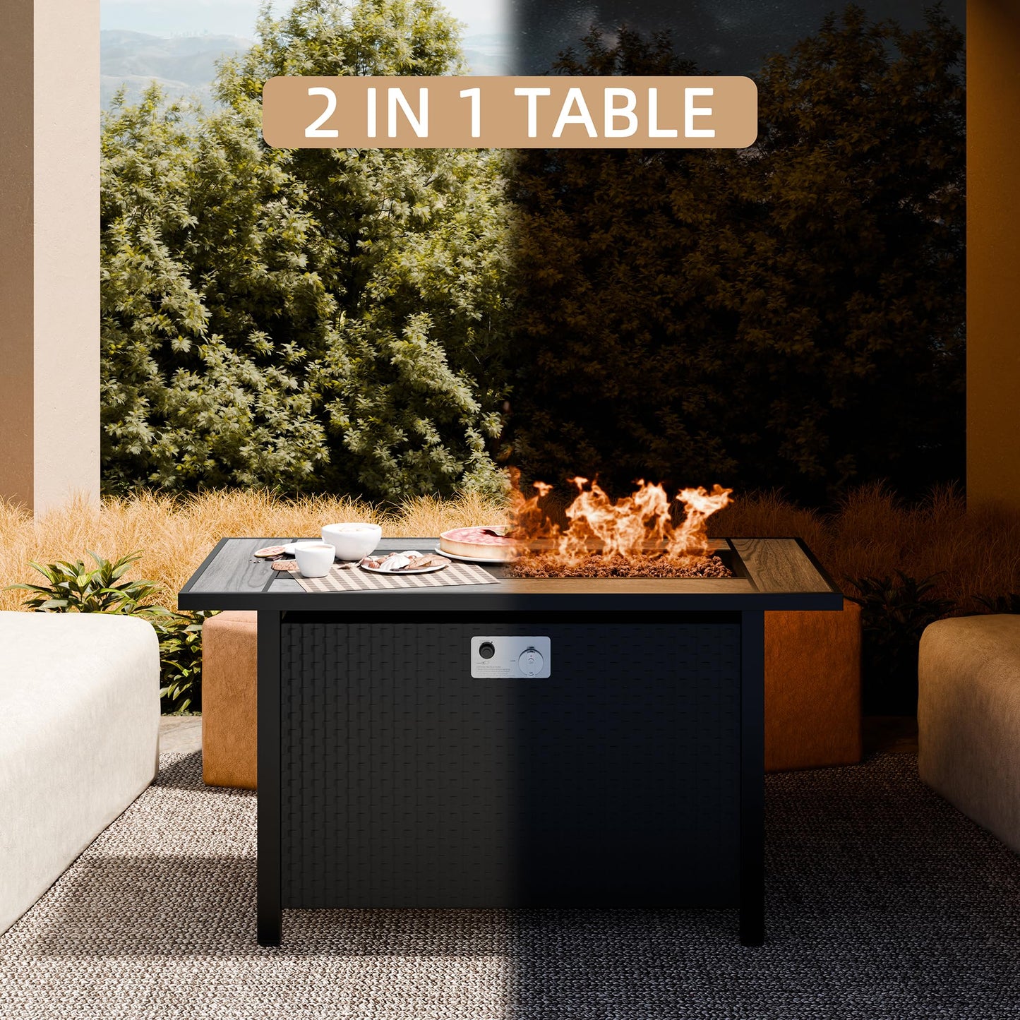 45 Inch Propane Fire Pit Table, 50,000 BTU Outdoor Gas Fire Pit for Patio & Backyard, Rectangular Firepit Table with Lava Rocks, 2-in-1 Convertible Outdoor Table