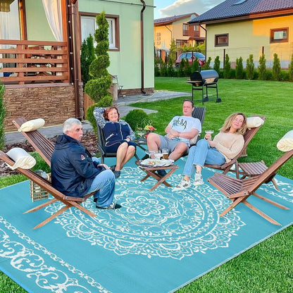 IDEALHOUSE Outdoor Rug 9x12 Ft, Waterproof Plastic Reversible Rug, Persian Style Camping Mat for Outdoors, RV, Patio, Backyard, Deck, Picnic, Beach, Trailer, Camping(Light Blue & White)