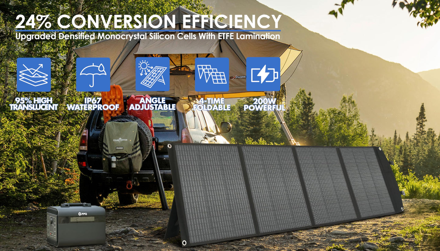 PPQ 200W Portable Solar Panel Kit 18V/12A,14lb Foldable Briefcase Solar Charger w/ 24% Efficiency, 3 Cables & 16 Outputs for All Camping Power Station, RV Battery, Phones, IP67 Waterproof