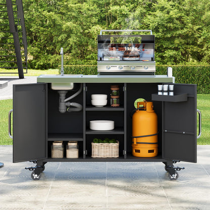 Merax 55.5" Outdoor Kitchen Island, Metal Grill Cart Table with 304 Stainless Steel Sink, Outdoor Bar Cart Sink Station with 4 Lockable Wheels for Pizza Prep & BBQ, Black