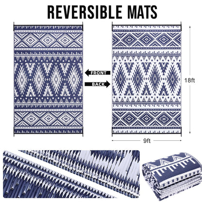 OLANLY Outdoor Rug Waterproof 9x18 ft, Reversible Outdoor Plastic Straw Rug, Boho Patio Rug, Indoor Outdoor Carpet, RV Mat Outside for Patio, Camp, Picnic, Balcony, Deck, Backyard, Navy & White