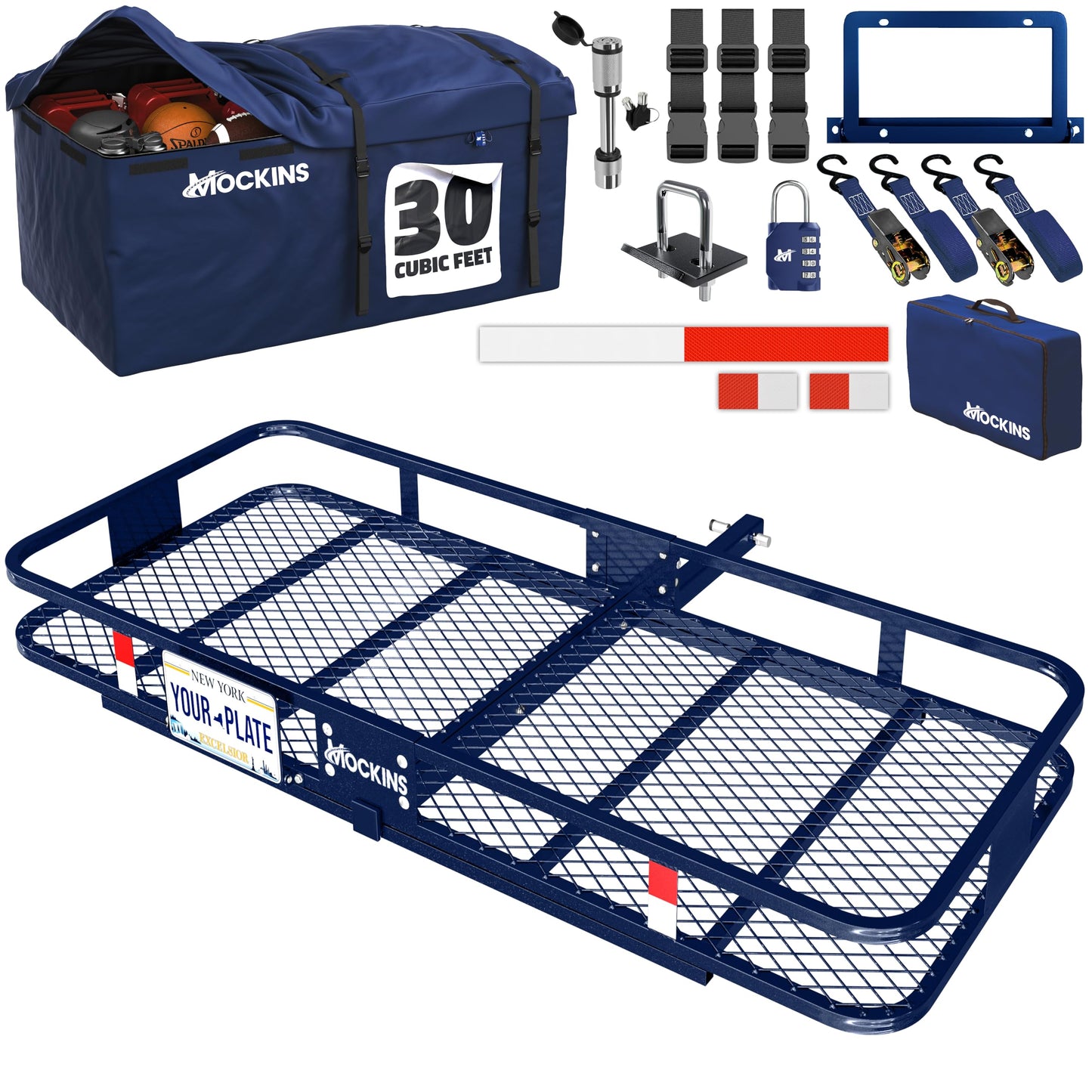 Mockins 60"x30"x6" Navy Trailer Hitch Cargo Carrier & 30 Cu Ft Waterproof Cargo Hitch Carrier Bag | 500 Lbs Cap Steel Folding Luggage Rack for SUV Truck Van & RV w/License Plate Bracket & Accessories