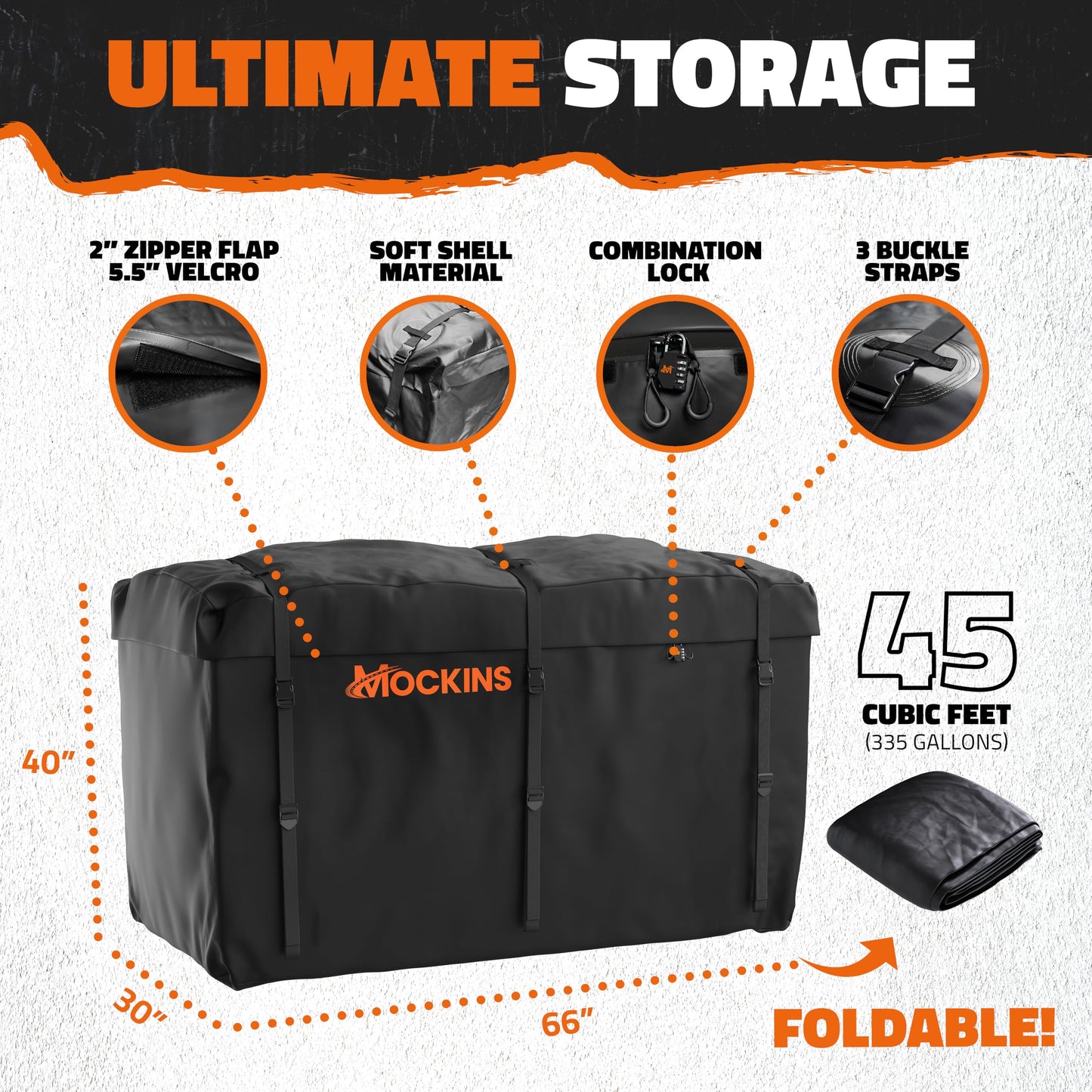 Mockins 66"x30"x14" XL High Rail Trailer Hitch Cargo Carrier w/ 45 CuFt Waterproof Cargo Bag for Hitch Carrier | 500 Lbs Cap Folding Luggage Rack for SUV Car Truck w/Rear Lights, Plate Bracket & More