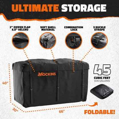 Mockins 66"x30"x14" XL High Rail Trailer Hitch Cargo Carrier w/ 45 CuFt Waterproof Cargo Bag for Hitch Carrier | 500 Lbs Cap Folding Luggage Rack for SUV Car Truck w/Rear Lights, Plate Bracket & More