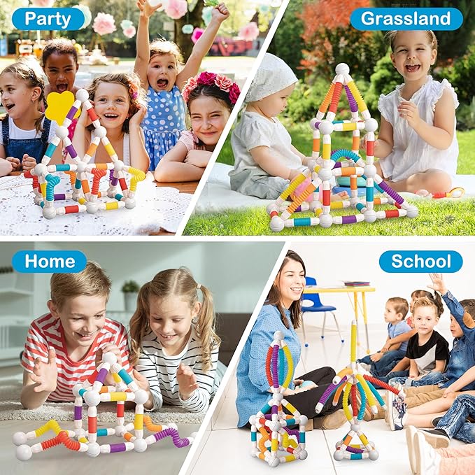 Magnetic Building Blocks Construction Set 66 Pieces Educational STEM Toy with Flexible Tubes and Connectors (66PCS)