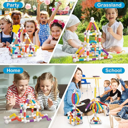 Magnetic Building Blocks Construction Set 66 Pieces Educational STEM Toy with Flexible Tubes and Connectors (66PCS)