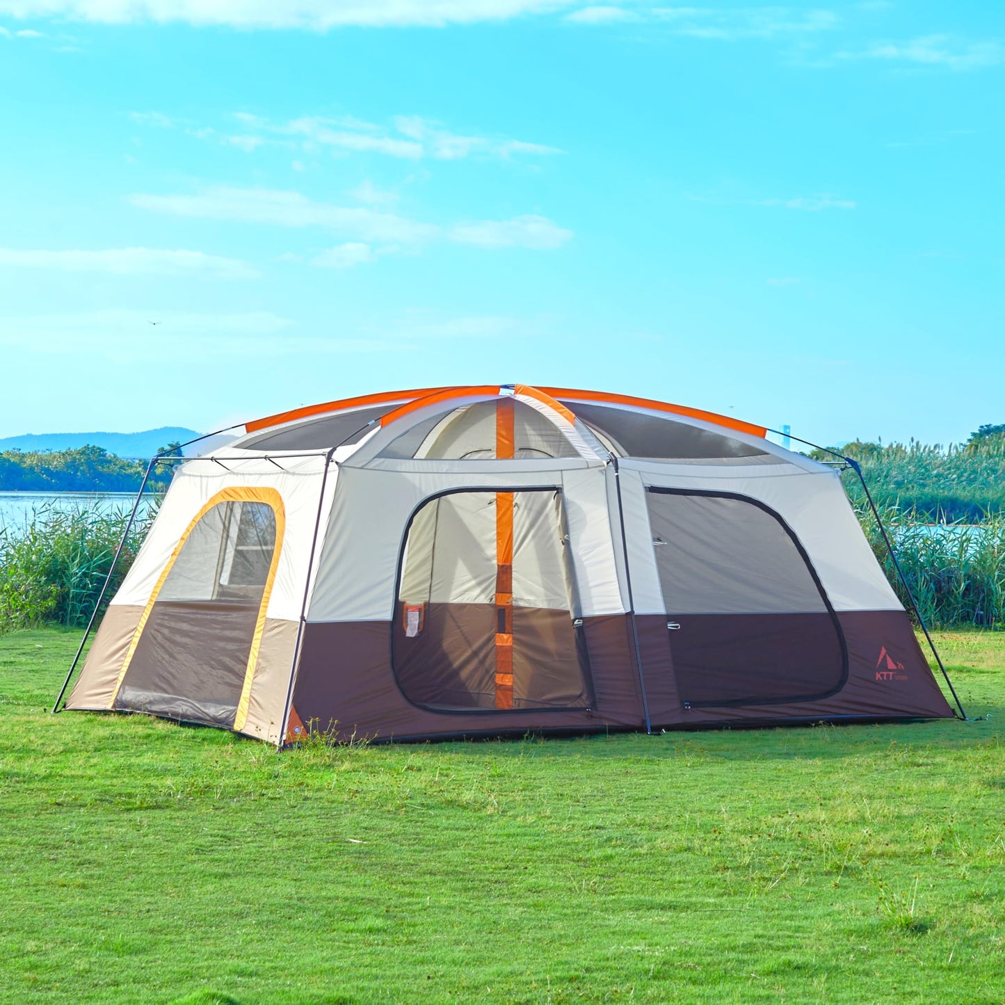 KTT Extra Large Tent 12-14 Person,Family Cabin Tents,2 Rooms,Straight Wall,2 Doors 4 Windows with Mesh,Waterproof,Straight Wall,Big Tent for Outdoor,Picnic,Camping,Gathering(Brown)