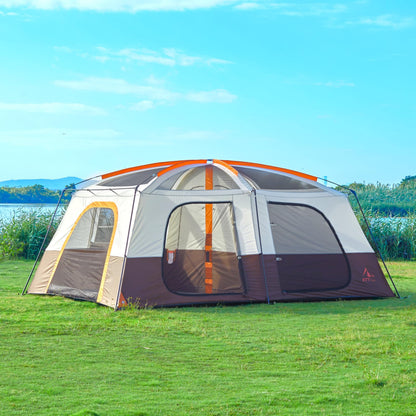 KTT Extra Large Tent 12-14 Person,Family Cabin Tents,2 Rooms,Straight Wall,2 Doors 4 Windows with Mesh,Waterproof,Straight Wall,Big Tent for Outdoor,Picnic,Camping,Gathering(Brown)