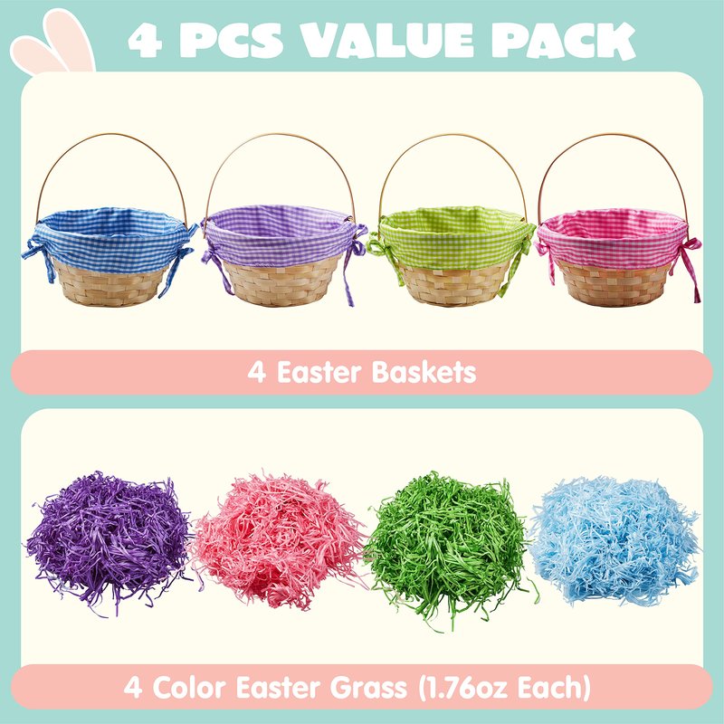 JOYIN 4 Pcs Easter Bamboo Baskets Gift Woven Baskets with Handles and 4 Colors Grass Paper Shreds, Candy Wicker Candy Toys Storage Bucket for Easter Egg Hunt, Kids Party Supplies(9" X 8")