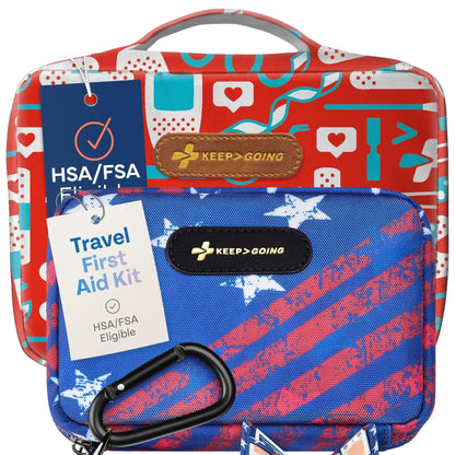 Keep Going Travel First Aid Kit Bundle of 2 Kits, First Aid Kit for Car, Home, Dorm, & Boat with Latex-Free Bandages – Travel Kit Bundle for Families