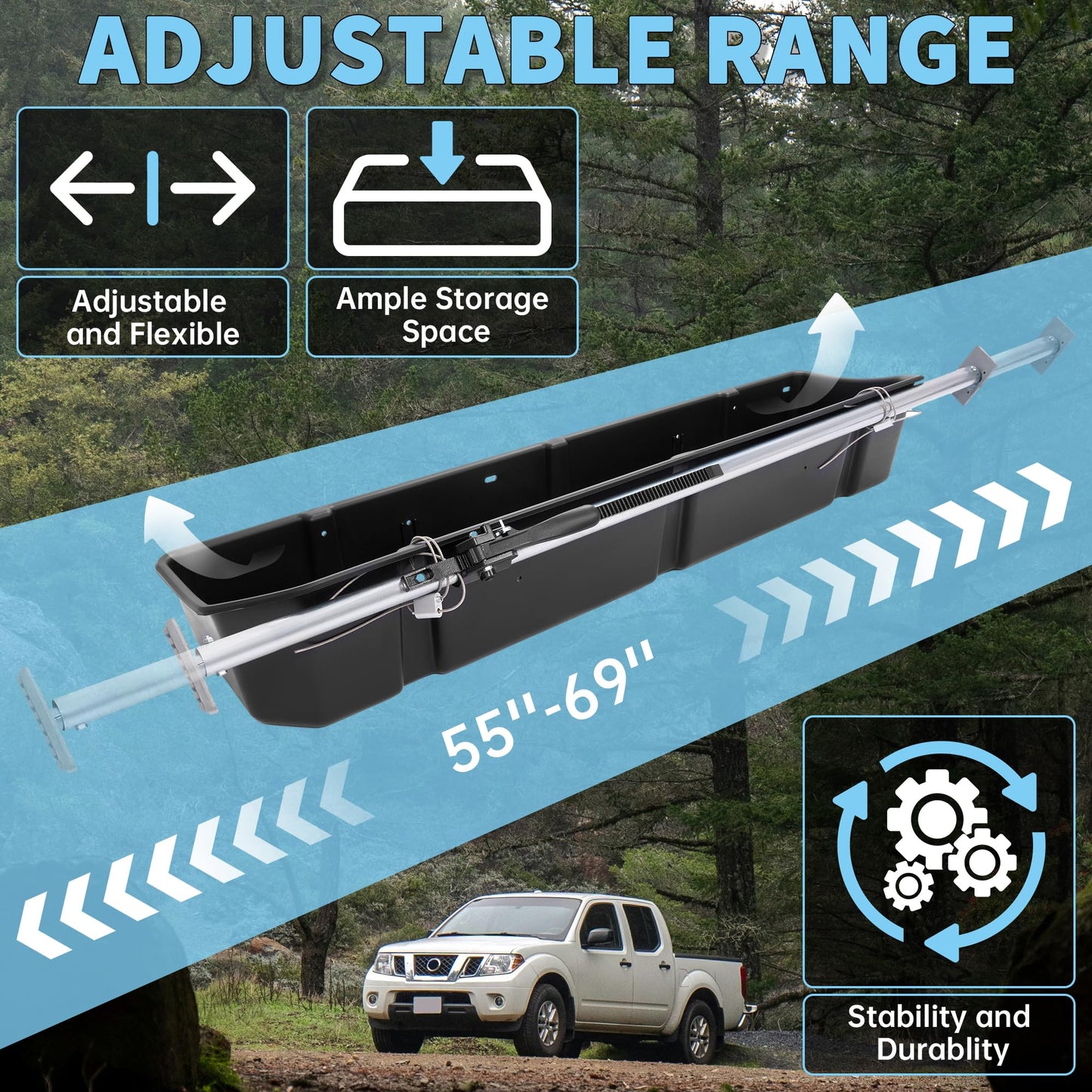 HECASA Adjustable 55-69 inch Truck Storage Box Compatible with Ford Chevy Chevrolet GMC Dodge Ram Toyota Nissan, Universal Truck Bed Storage Cargo Organizer Beds, Secure Cargo Organizer