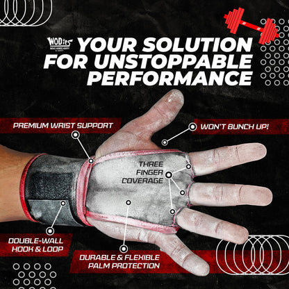 JerkFit WODies Gymnastics & Weightlifting Grips with Wrist Wraps – 3 Hole Versatile Gym Gloves for Pull Ups, Gym Training & Cross Training – Hand Grips Palm Protector for Men & Women