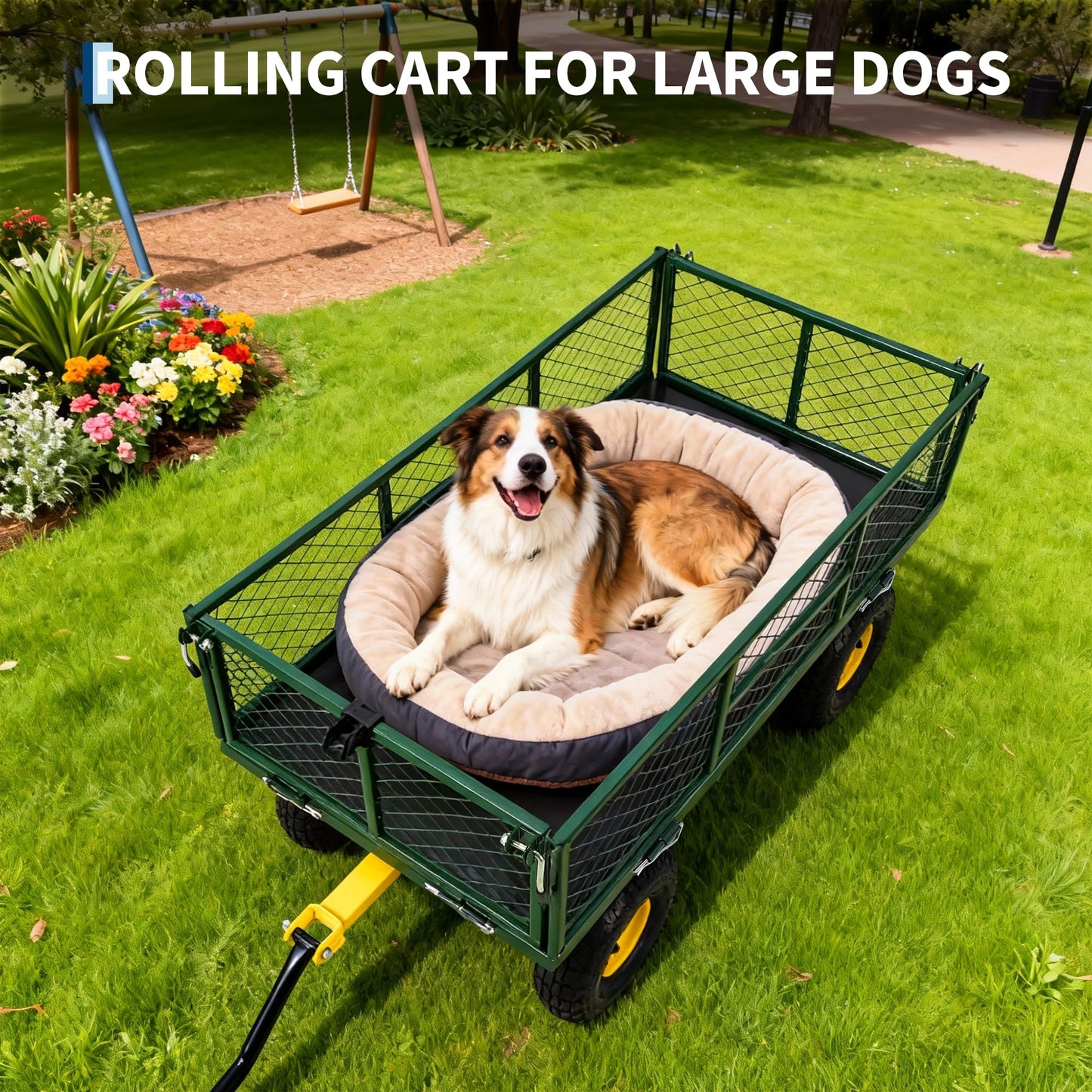 900 lbs Heavy Duty Steel Garden Cart, Garden Wagon Cart on Wheels, Outdoor Metal Yard Utility Wagon Carts with and Mesh Removable Sides and 180°Rotating Handle,Green