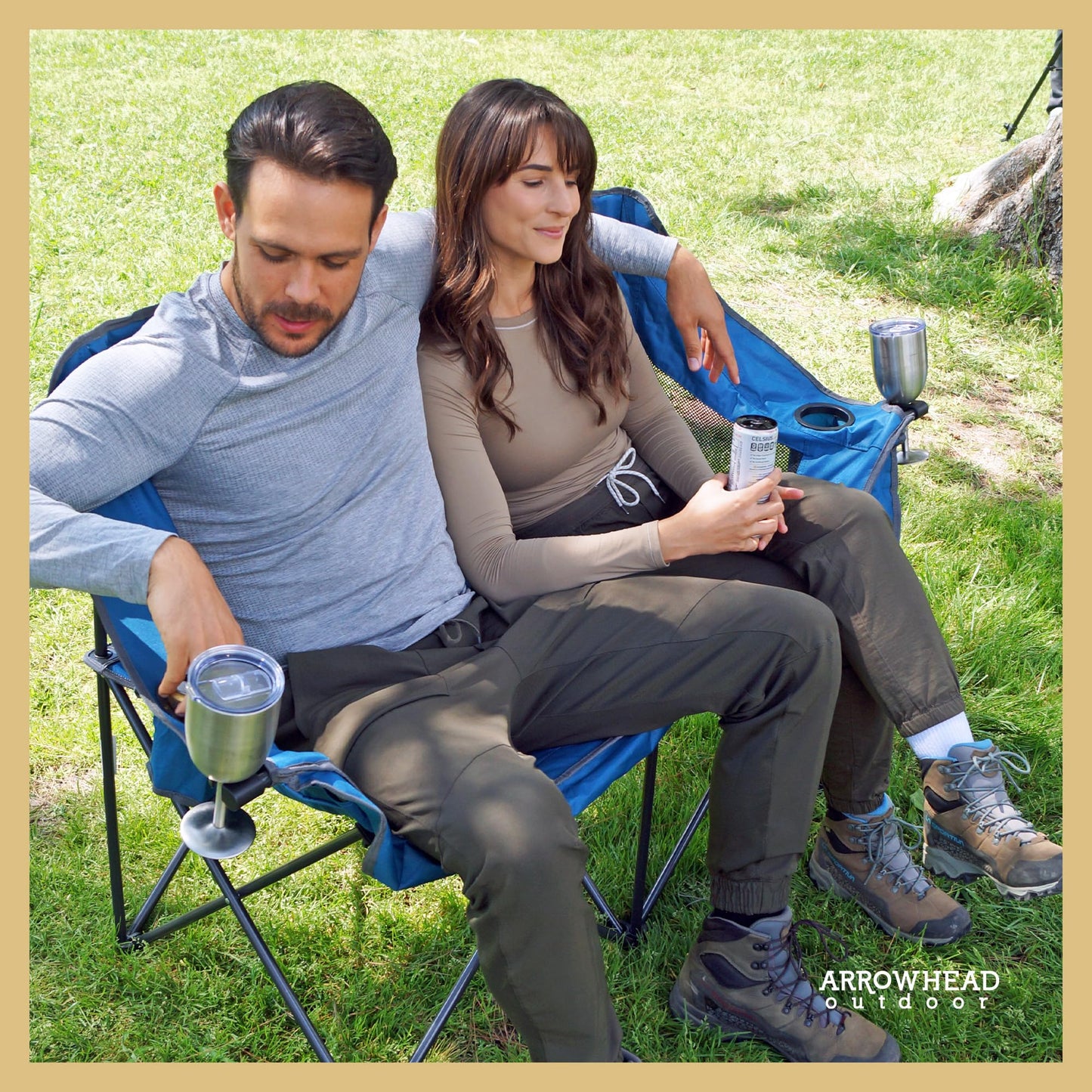 ARROWHEAD OUTDOOR 2-Pack Portable Folding Double Duo Camping Chair Loveseat w/ 2 Cup & Wine Glass Holder, Carrying Bag, Supports up to 650lbs
