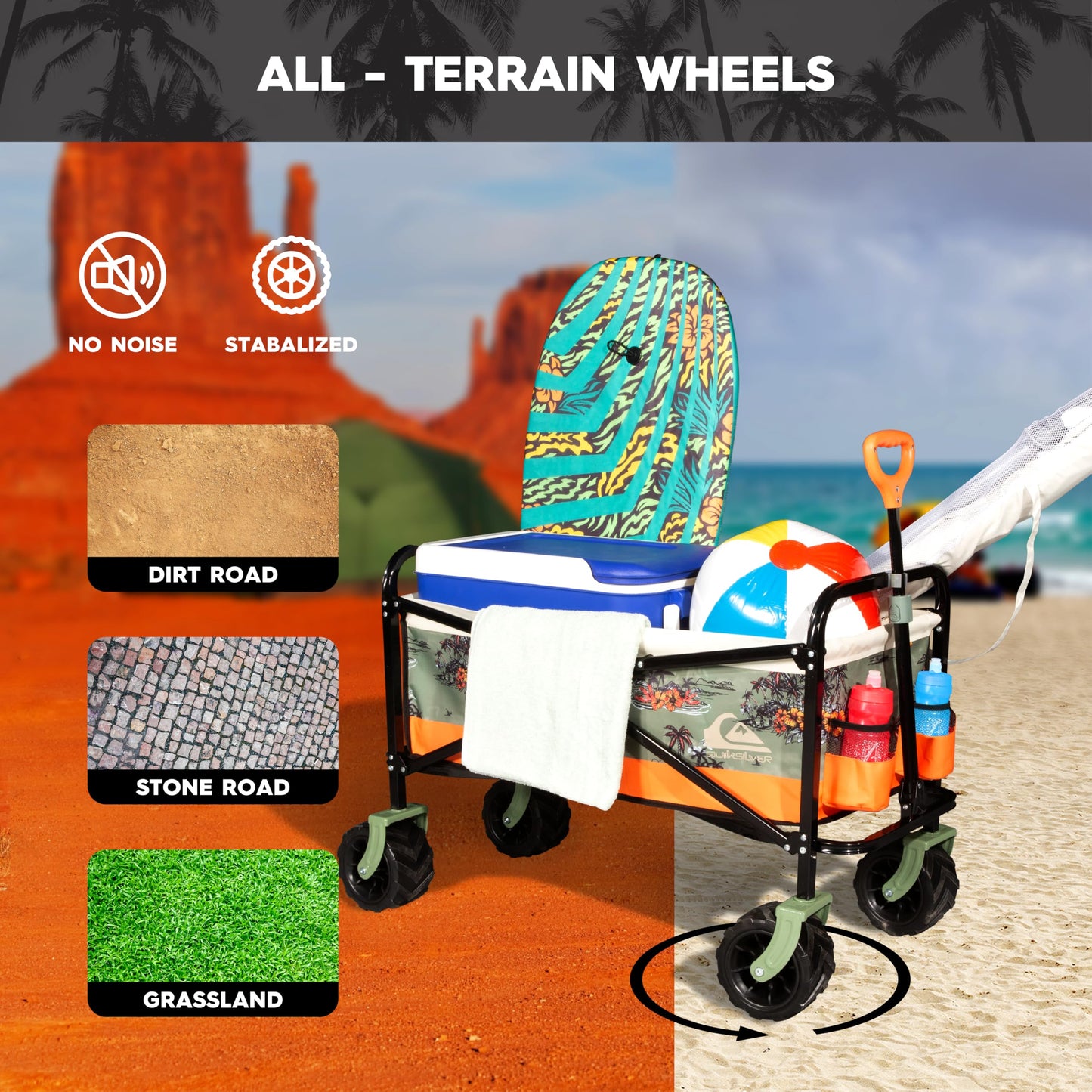 Quiksilver Folding Beach Wagon Cart – Heavy-Duty Collapsible Utility Wagon with All-Terrain Wheels, Large Storage Capacity, and Adjustable Handle – Ideal for Beach, Camping, and Outdoor Adventures