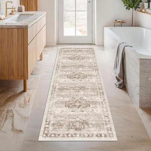 Hazo Haus Boho Bathroom Runner Rug - Washable Non-Slip Design | Soft Stain-Resistant 24" x 72" Beige Floral Decor