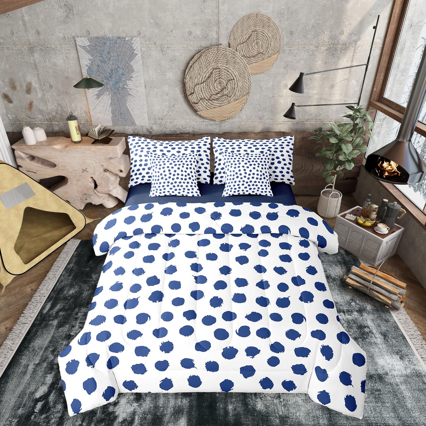 Erosebridal Boys Dots Bed in A Bag 7 Pcs Twin Size Polka Geometric Bed Set for Kids Men Brush Stroke Boho White Navy Blue Comforter Set Lightweight Sheet Set