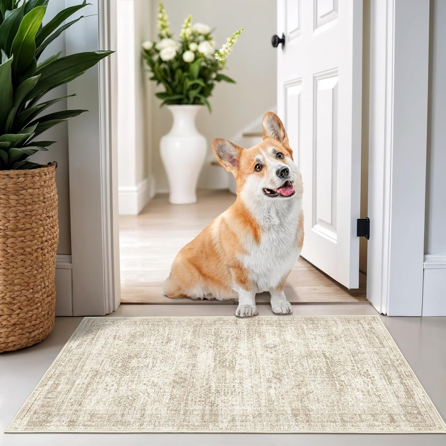 Skiennix 2x3 Washable Rug Runner - Soft Vintage Abstract Design | Anti-Slip Indoor Mat in Beige/Ivory