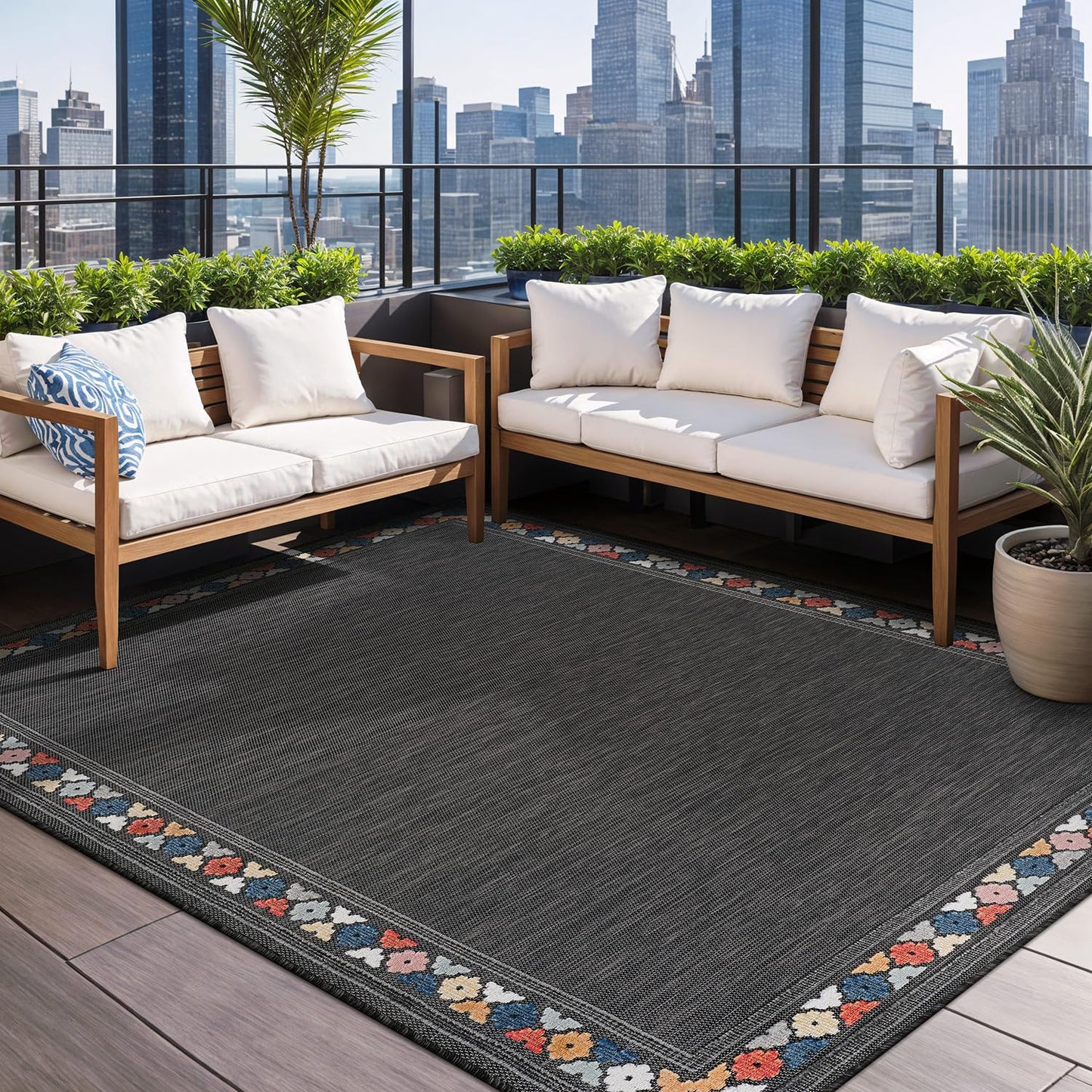 Beverly Rug Outdoor Rug 10x14 Modern Bordered Large Area Rugs for Indoor and Outdoor Patio Easy to Clean Non Shedding Living Room Porch Garden Washable Outside Carpet (10 x 14 Dark Gray)