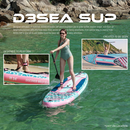D3SEA 11 ft Inflatable Paddle Board with SUP Accessories, Extra Long Non Slip EVA Deck, Extra Wide iSUP, All Around Paddleboard for Adults &Youth (Seafoam Green Pink Leopard, 11' × 34" × 6")