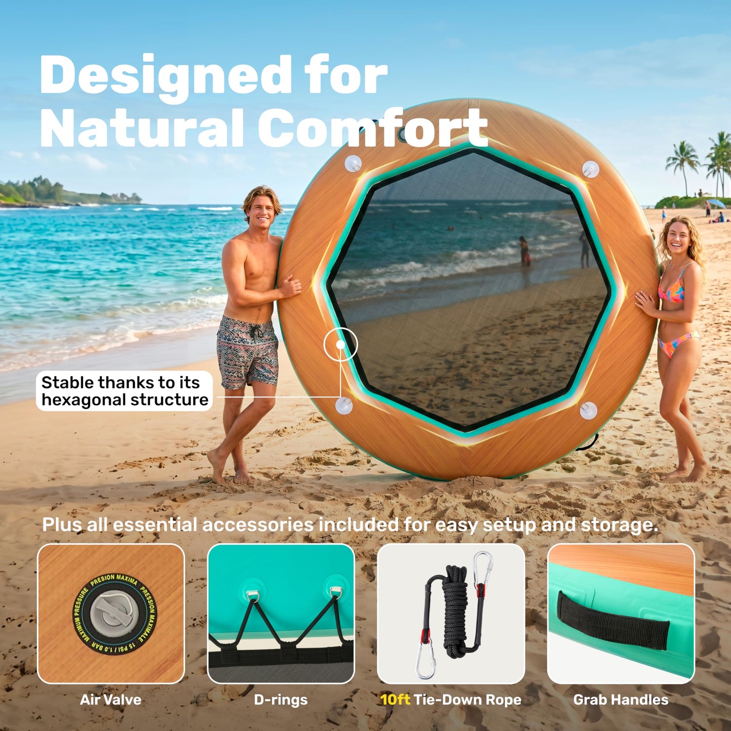 SLOOSH 8FT Inflatable Water Hammock Floating Dock, Sunchill Float Ring with Wood Grain & Mesh Design, Round Floating Dock Platform with Removable Cup Holders for Lake, River, or Boat Party