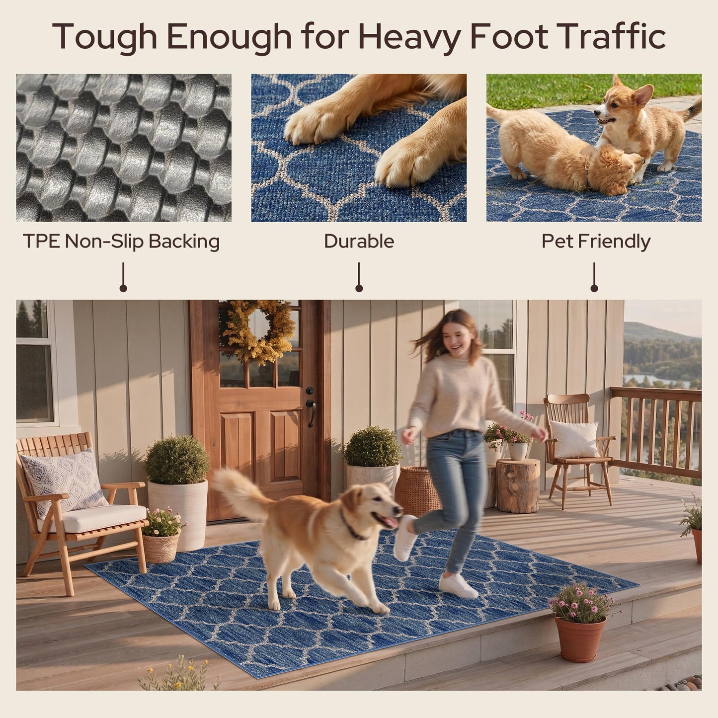 GENIMO Indoor Outdoor Area Rug 6X9, Non-Shedding, Machine Washable Mat for Patio, Balcony, Deck, Blue White